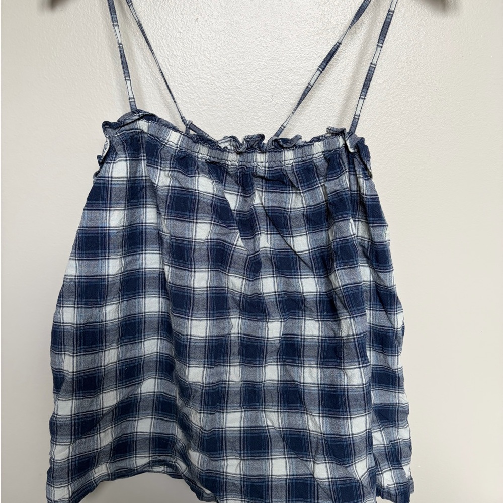 Madewell Blue and White Plaid Linen Tank Top